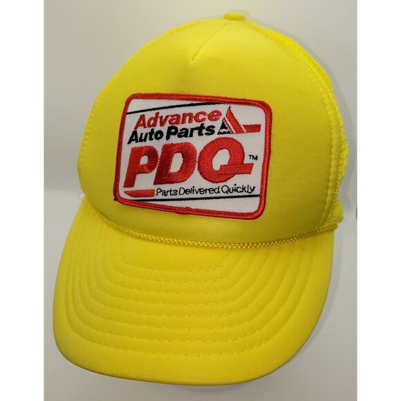 Vintage Advance Auto Parts Hat Cap Snapback Yellow Trucker PDQ Logo Patch 80's - Picture 1 of 16